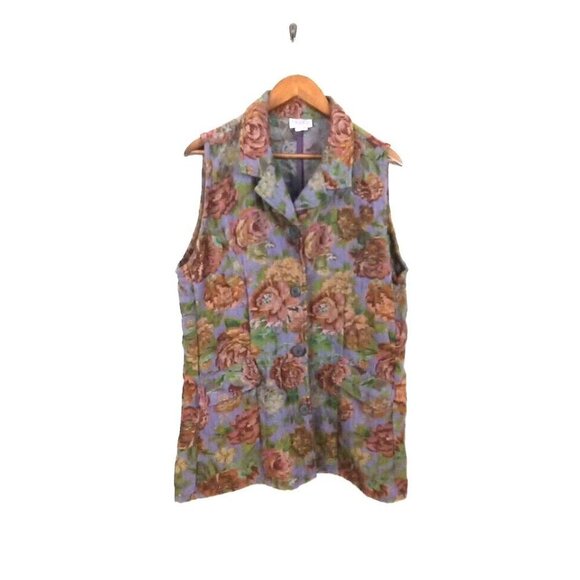 Eucalyptus Tapestry Vest Women's Size M Purple Floral Hand Crafted Button Down - Picture 1 of 11